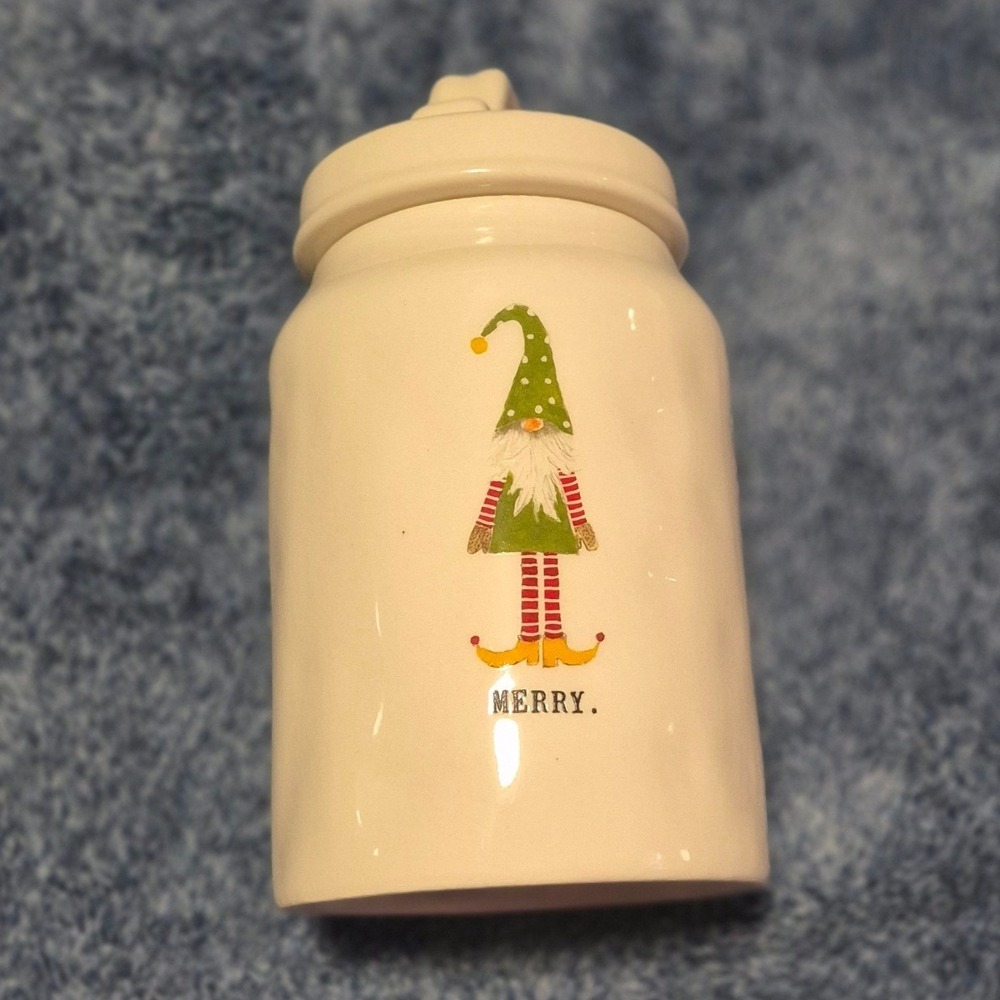 Rae Dunn Merry Christmas Gnome Ceramic Canister Jar with Lid Magenta Artisan